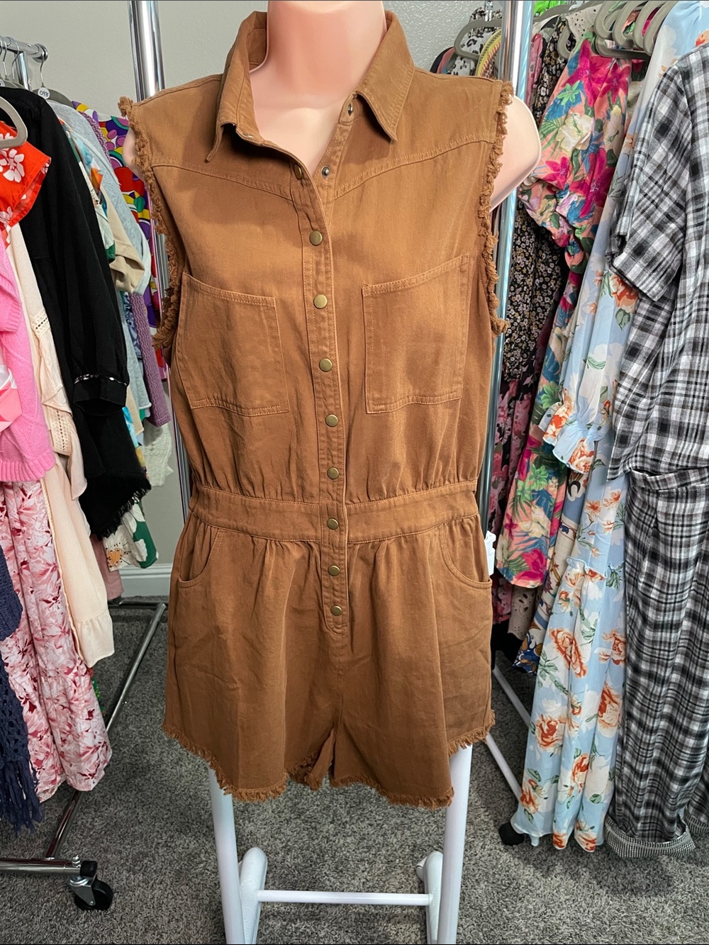 Sleeveless Lightweight Denim Romper in Chocolate Brown - Picture 4 of 5